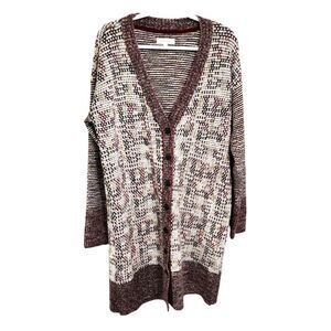 Cleo + Wolf Burgundy cream green & black cardigan duster L